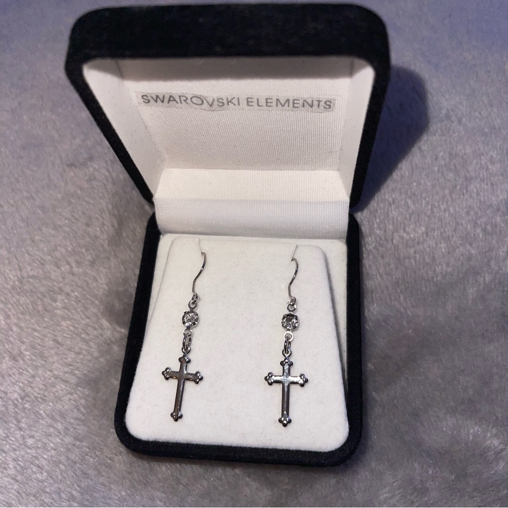 Swarovski Elements Silver Cross Drop Earrings with one white stone